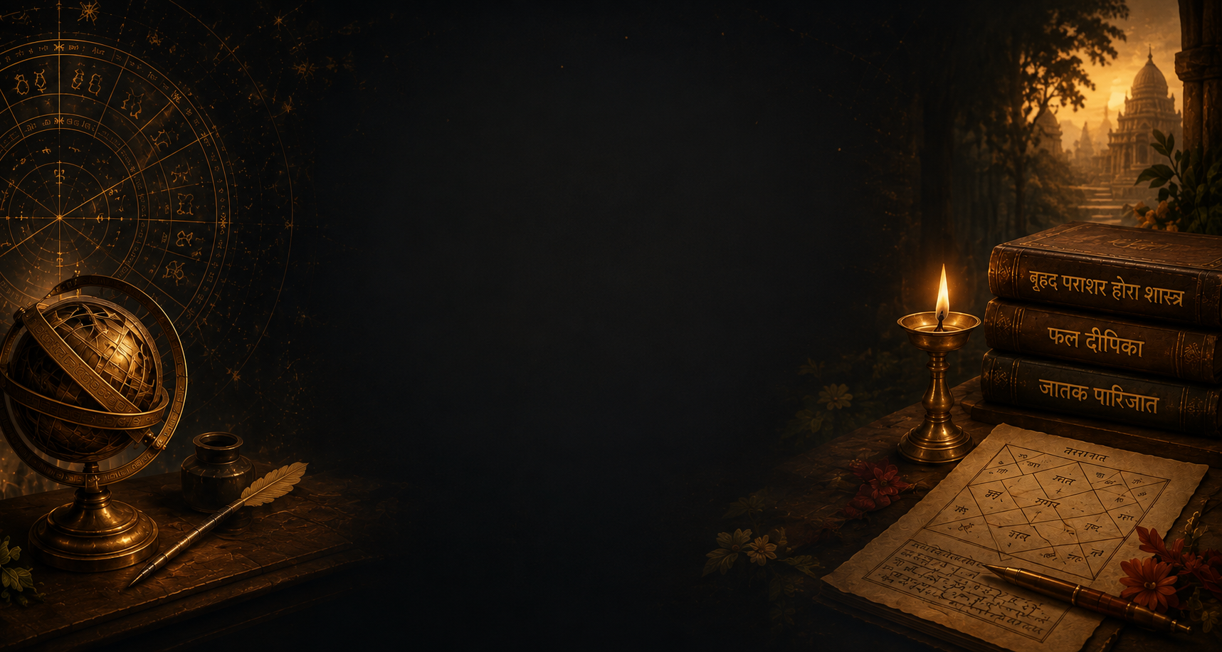 Vedic astrology observatory desk with astrolabe, diya, and manuscripts