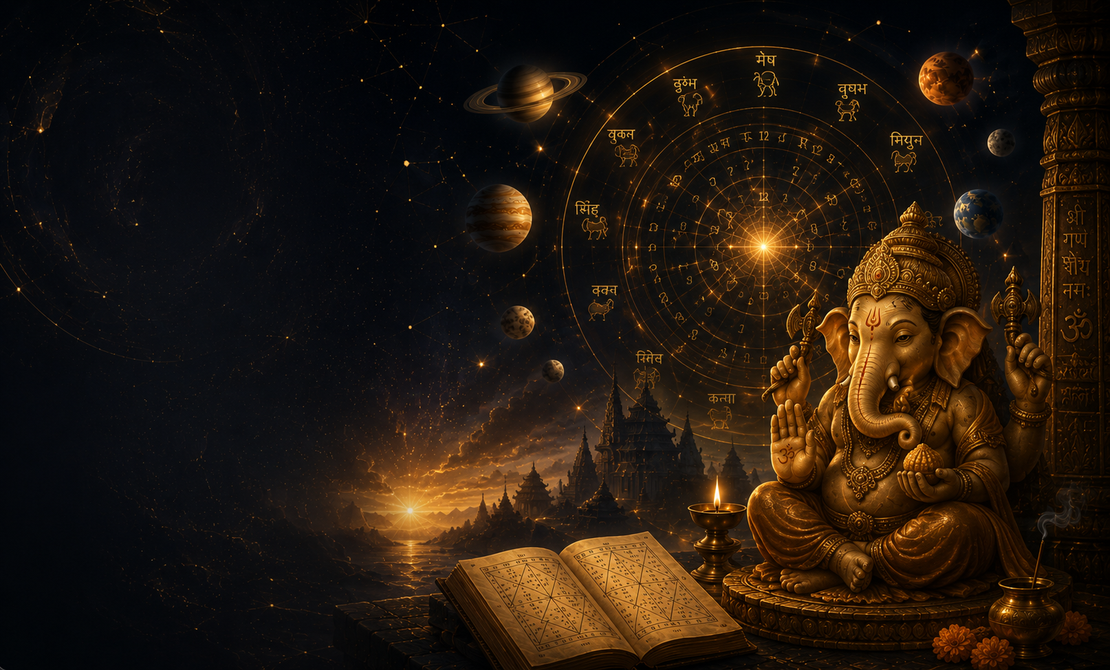 Ancient Vedic observatory with astrology wheel, planets, and manuscript